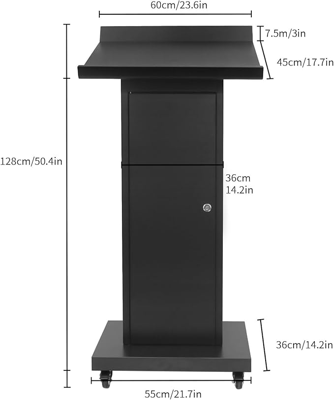 Podium Stand with Locking Wheels - Heavy Duty Church Podium & Pulpit for School, Conference, Office, or Home - 50.4" H Metal Lectern with Large Storage & Slanted Desktop