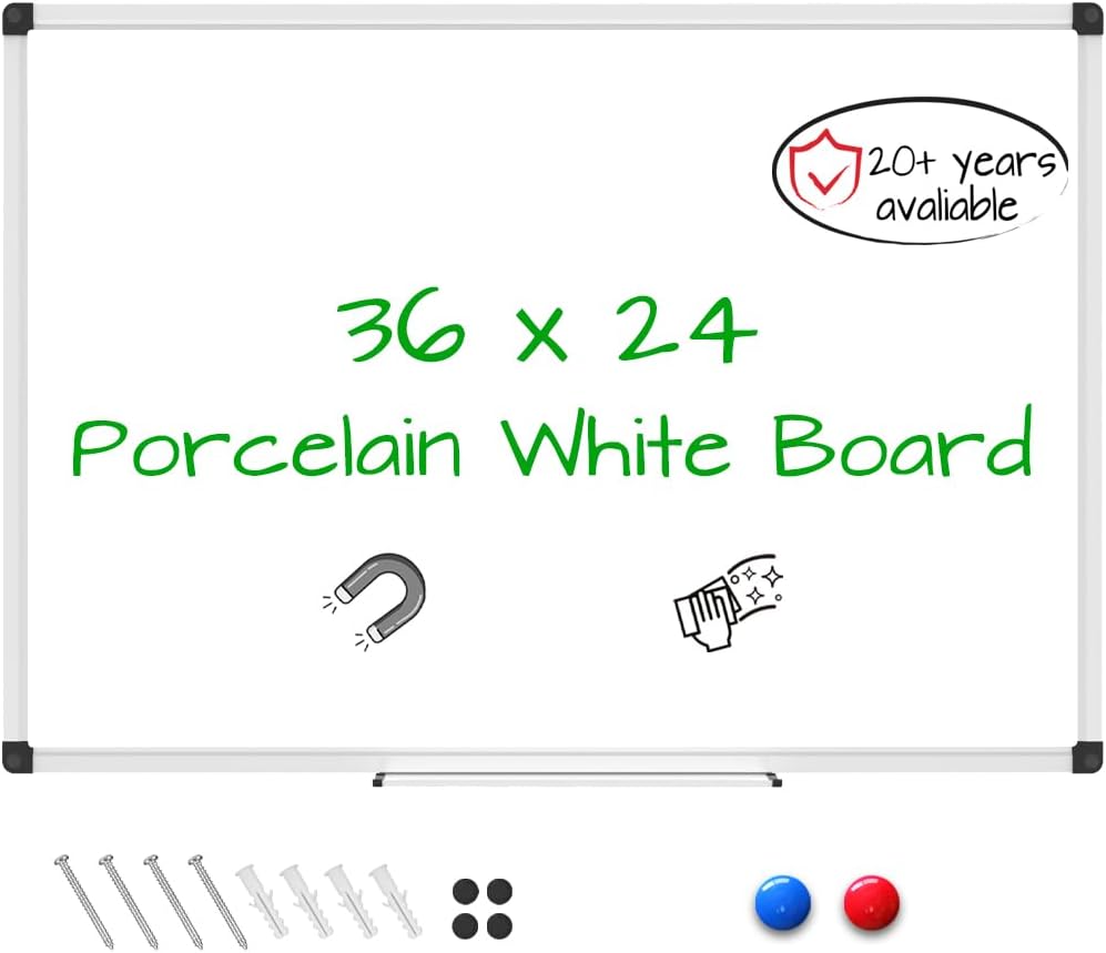 XBoard Porcelain Magnetic Dry Erase Board 36 x 24 Inch, Porcelain Whiteboard with Aluminium Frame & Marker Tray 3' x 2' | Wall Mounted Magnetic White Board for Home School Office