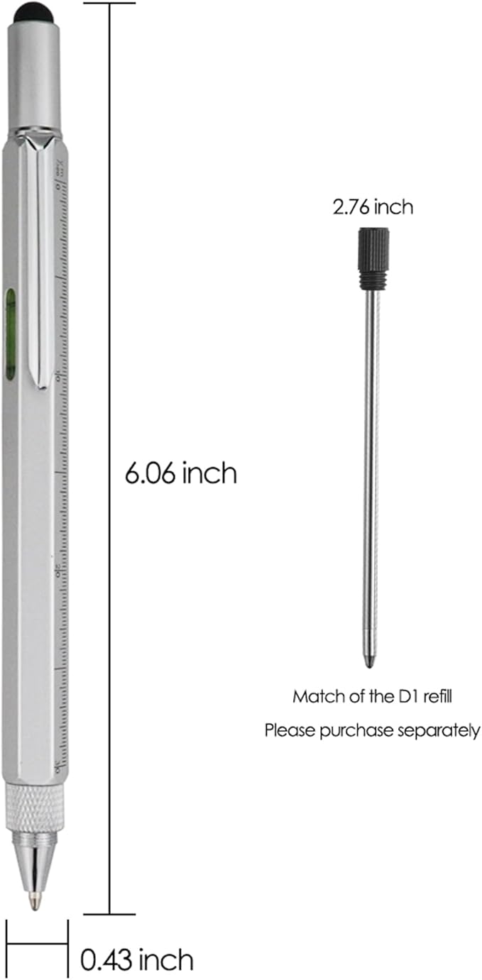 HeTaoCat Gifts Multi Tech Tool Pen 6 in 1 Stylus Pen - Screwdriver Pen with Ruler, Levelgauge, Ballpoint Pen Black Ink (Silver)