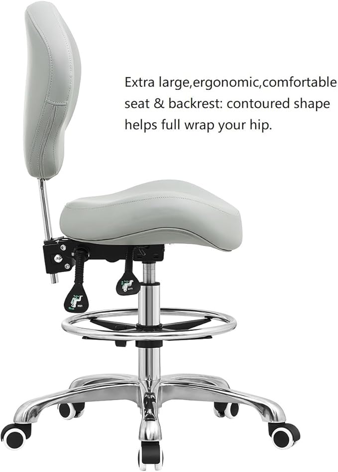 Kaleurrier Adjustable Stools Drafting Chair with Backrest & Foot Rest,Tilt Back,Swivel Seat,Rolling Wheels,for Studio,Dental,Office,Salon and Counter,Armless Tall Home Desk Chairs (Grey)