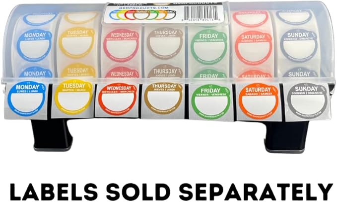 7-Slot Day of The Week Covered Label Dispenser (for 3/4" or 1" Labels) - Food Sticker Holder for Inventory Management and Meal Prep, Protects Labels Inside