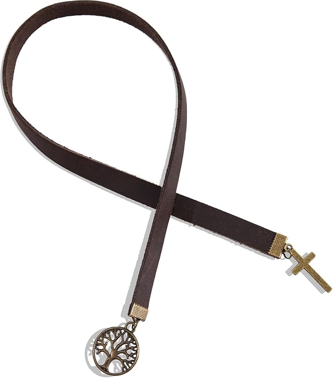 Handmade Long Leather Straps Bookmark, Tree of Life Bible Bookmarks with Retro Cross, Christian Saint Book Mark, Ideal Catholic Gift (Style 12)