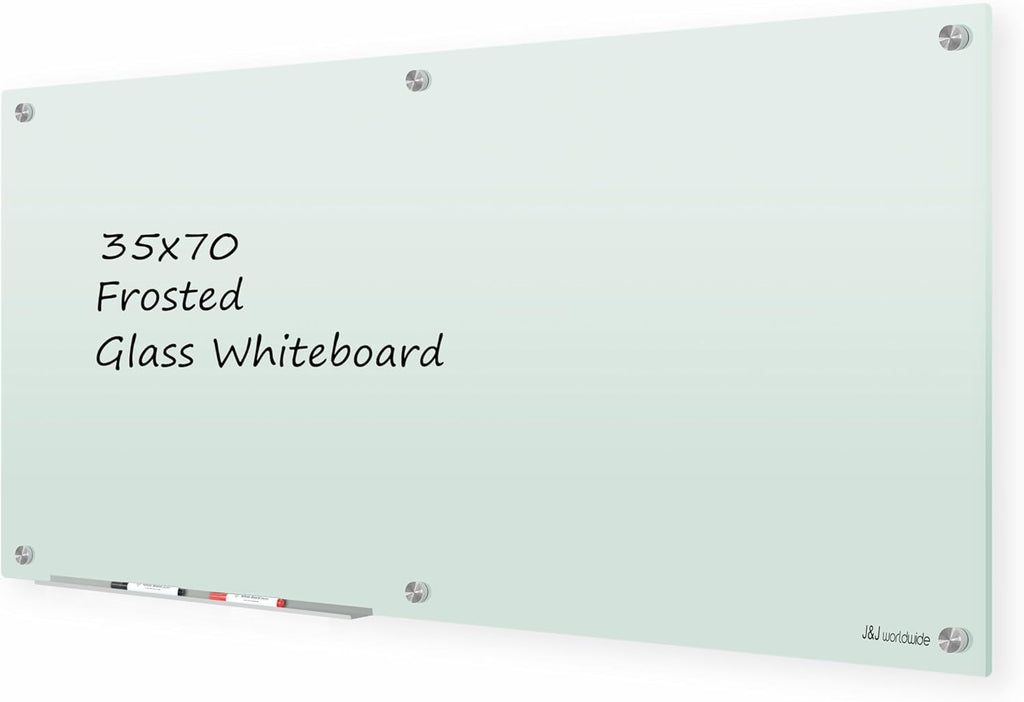 J&J worldwide Glass Whiteboard 6' x 3', Frosted Glass Dry Erase Board Non-Magnetic, Semi-Transparent, Includes Markers, Marker Tray, Eraser for Wall, Office, Home, School