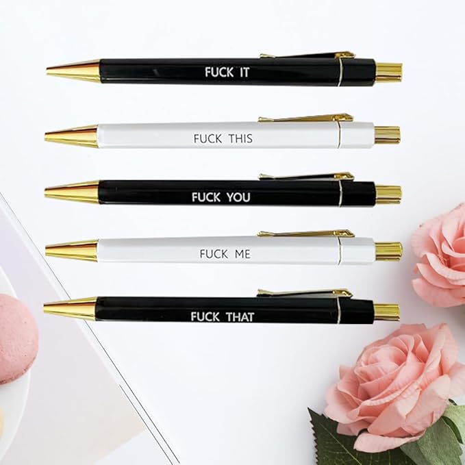 Funny pens,5-Count,Black Ink,Medium Nib 1.0mm,Funny Office Gifts for Coworkers,Personalized Pens Vibrant Funny Quotes Word Daily Pen (BW)