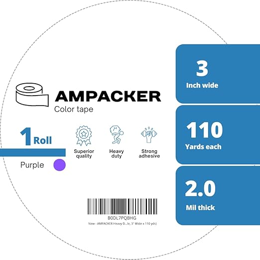 Heavy Duty Packaging Color Tape for Shipping,Packing and Moving 3" Wide x 2.0 Mil Thick -110 Yrd Roll -Acrylic Adhesive Tape for Box Sealing. (1 Roll, Purple, 3" Wide x 110 yds)