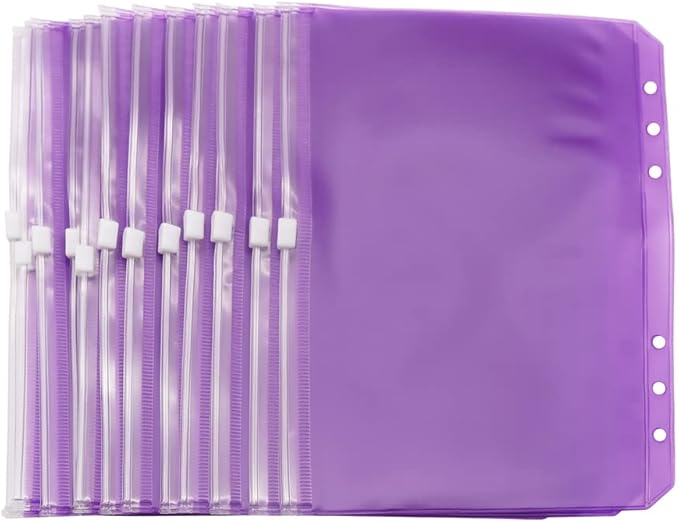 Purple PVC Binder Pockets 12pcs A5 Binders Zipper Pouch Bag Loose Leaf 6 Holes PVC Zip Organizer Folder for Journal Budget Filing Pocket Bags