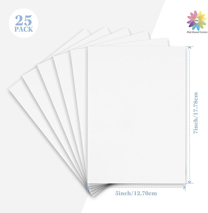 Mat Board Center, 25 pack 5x7 Corrugated Cardboard sheet, 1/8 inch thick, Flat Cardboard Inserts for Mailing, Packaging & Shipping, Cardboard Backing, Craft Card Board (White on one side)