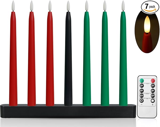 Kwanzaa Kinara Candle Holder Set with Flameless Battery Powered Electric Candles, Flameless Kwanzaa Candles - Set of 7 Tapers (Battery Operated) Mishumaa Saba, Realistic 3D Flames, Remote Control