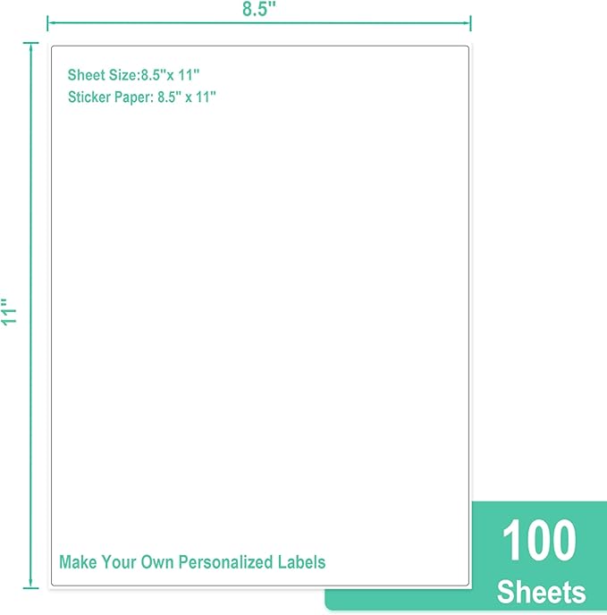 L LIKED 8.5" x 11" Printable White Sticker Paper Full Sheet Label, Matte, for Laser & Inkjet Printers (100 Sheets)