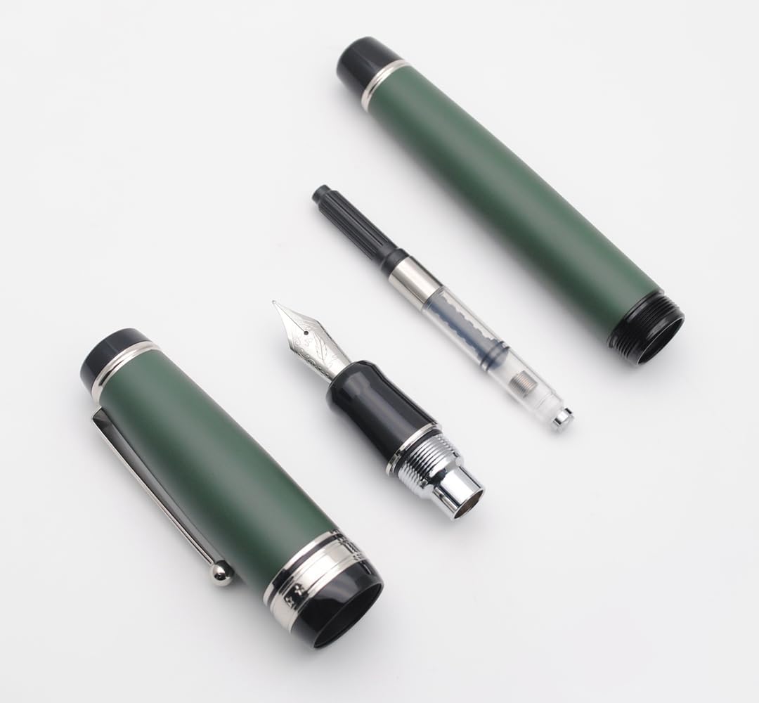 Metal Big Fountain Pen Set Medium Nib 0.7mm, Includes Ink Refill Converter, 5 Ink Cartridges & Gift Box (Medium Nib 0.7mm, Matte Green with Silvery Clip)