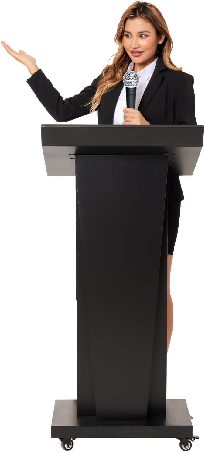 Podium Stand with 4 Locking Wheels, Lecterns & Podiums for Church School Office Conference Home, Heavy Duty Metal, Large Storage Area, Slant Desktop, 50.4" H
