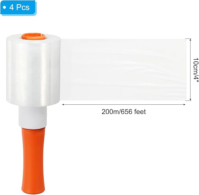 PATIKIL 4" x 656 Feet Stretch Wrap Roll, 4 Pack 80 Gauge/20 mic Thick Mini Shrink Stretch Film Industrial Clear Plastic Wrap with Handle for Box Packing Shipping Moving