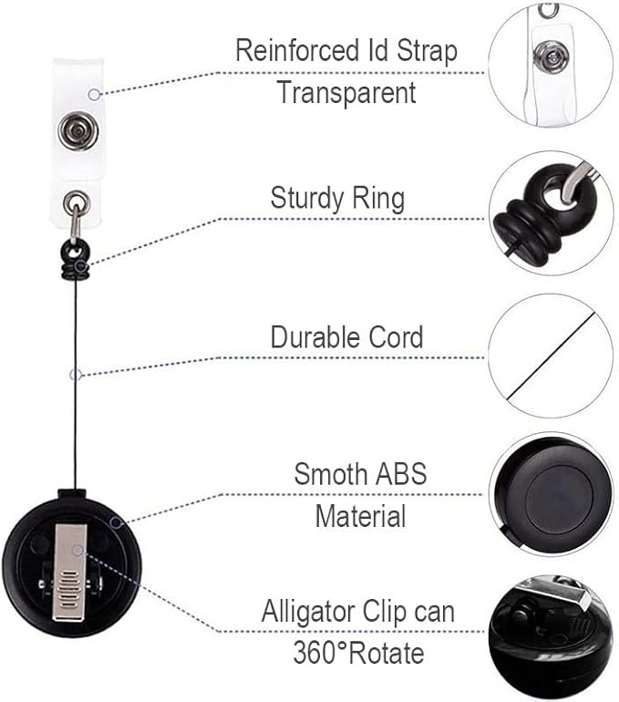 3 Pack Badge Holder Reel Clips, with 22'' Retractable Cord (Black)