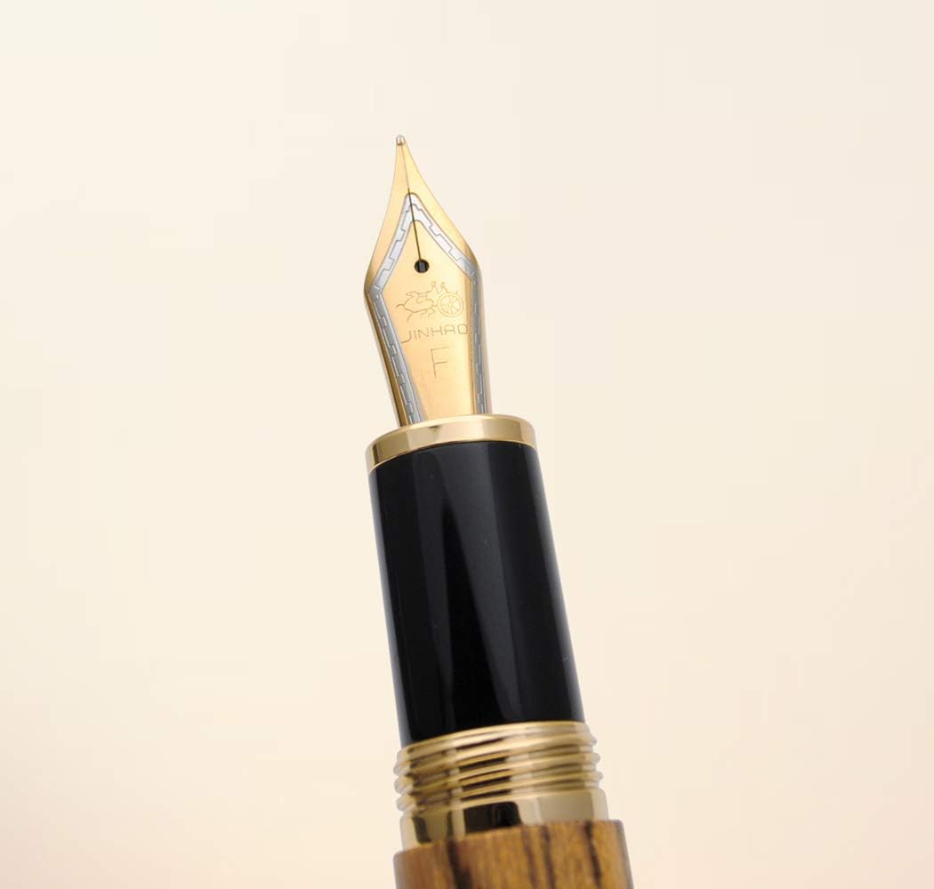 JINHAO 9056 Natural Wood Fountain Pen Handmade Ink Pen (Tiger Wood, Fine Nib 0.5mm)