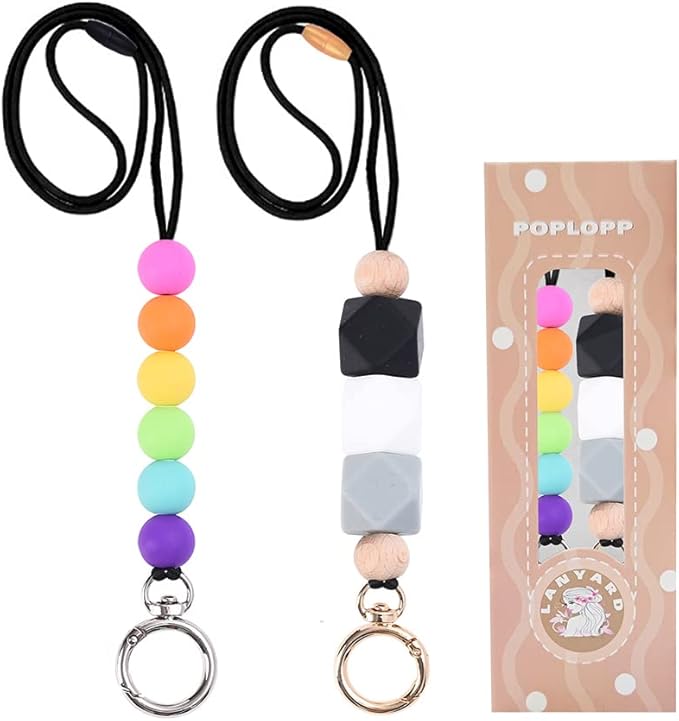 POPLOPP 2PCS Teacher Lanyards for ID Badges and Keys, Cute Silicone Beaded Lanyard for Women Nurse Employees Students