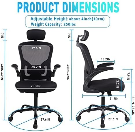 Flysky Ergonomic Office Desk Chair Breathable Mesh Swivel Computer Chair, Lumbar Back Support Task Chair, Office Chairs with Wheels and Flip-up Arms,Executive Rolling Chair (B-Black 5001H)