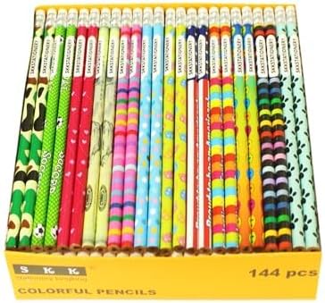 SKKSTATIONERY Assorted Colorful Wooden Pencils with Eraser, Novelty Kids & Awards Pencils, 2 HB, 12 Colors 144/box
