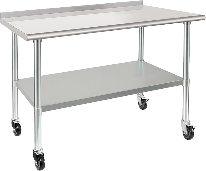 HARDURA Stainless Steel Table 30 x 48 Inches with Wheels Casters NSF Heavy Duty Commercial Prep Table with 2” Backsplash and Adjustable Undershelf for Restaurant Kitchen Home and Hotel
