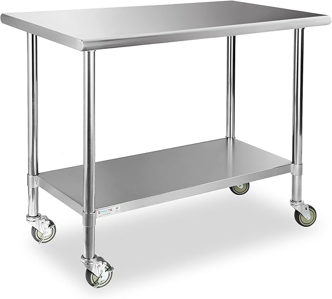 STABLEINK Stainless Steel Table with Caster Wheels 24 x 48 Inches, NSF Commercial Prep & Work Table with Adjustable Undershelf and Table Foot, for Commercial Kitchen, Restaurant, Hotel and Garage