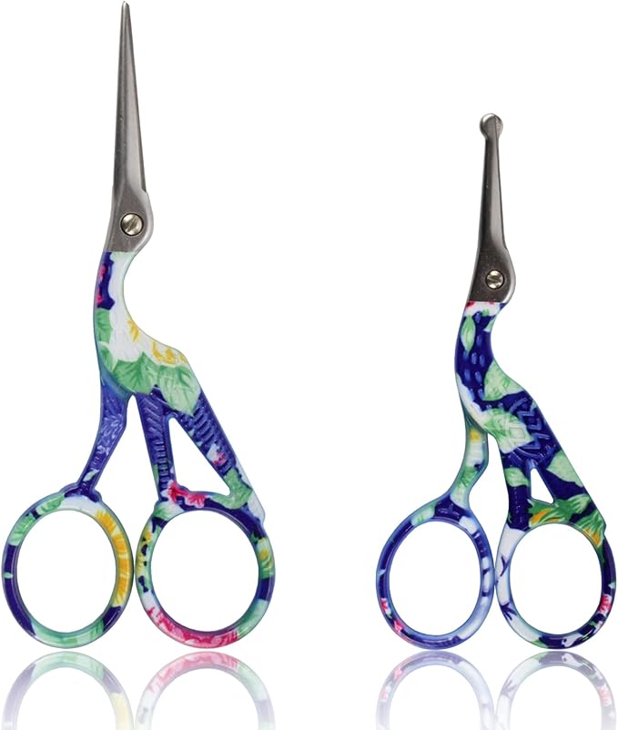 Stork Bird Rounded Safety Tip Embroidery Craft Stainless Steel Crane Scissors - Blue - 6 Pairs