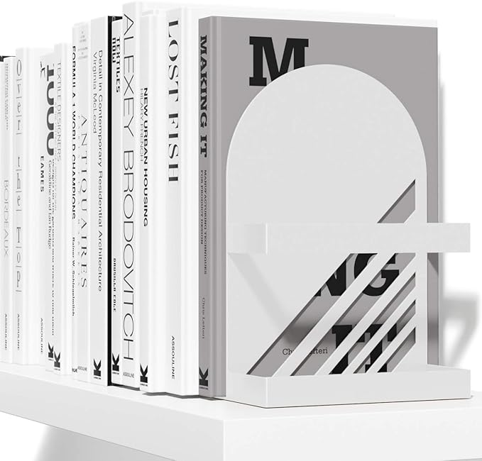 Iron Arch Modern and Decorative Bookends for Heavy Books, 200% Stronger & Heavier Than The Average Bookends, Large Bookends with Matching Bonus Storage Cup (Snow White)