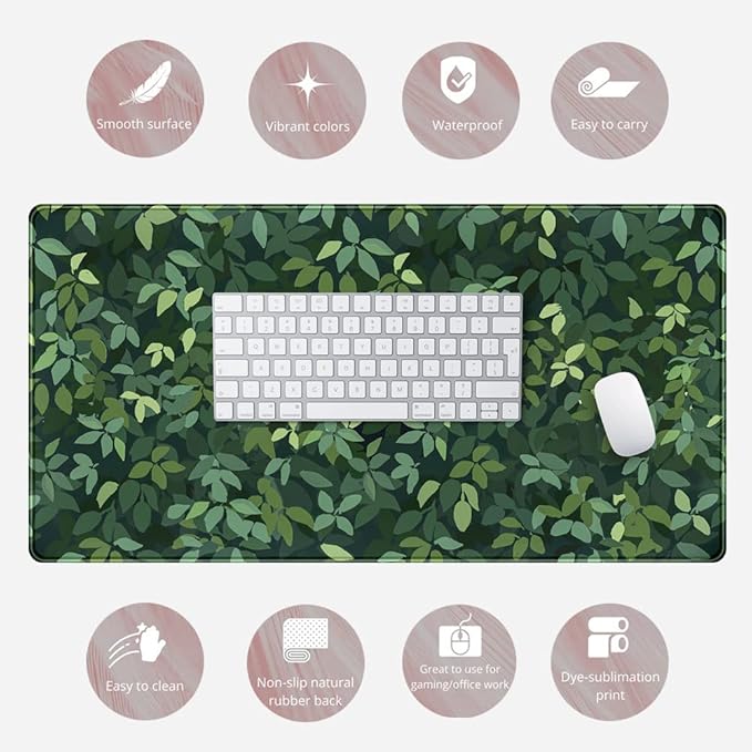 Cute Cat Kawaii Green Desk Mat - Large Gaming Mouse Pad & Keyboard Laptop Mat - Anime XL (31.5x15.7 in) - Non-Slip Base, Stitched Edges