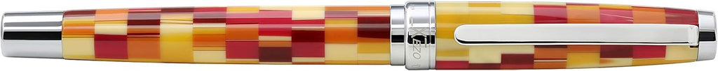 Xezo Urbanite Fountain Pen, Medium Nib. Retro Red, Yellow, Orange, and Cream Acrylic on Brass. Chrome Plated. Limited Edition and Serialized. No Two Alike