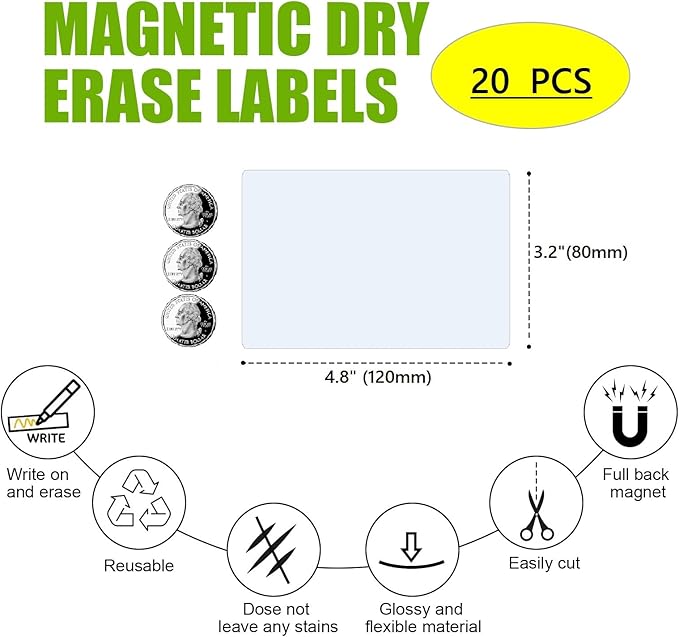 Dry Erase Big Magnetic Labels (4.8x3.2,Pack of 20),Large Write On Magnets Name Plates Sticker,Waterproof/Reusable for Refrigerator&Lockers&Whiteboard&Cabinet(White)