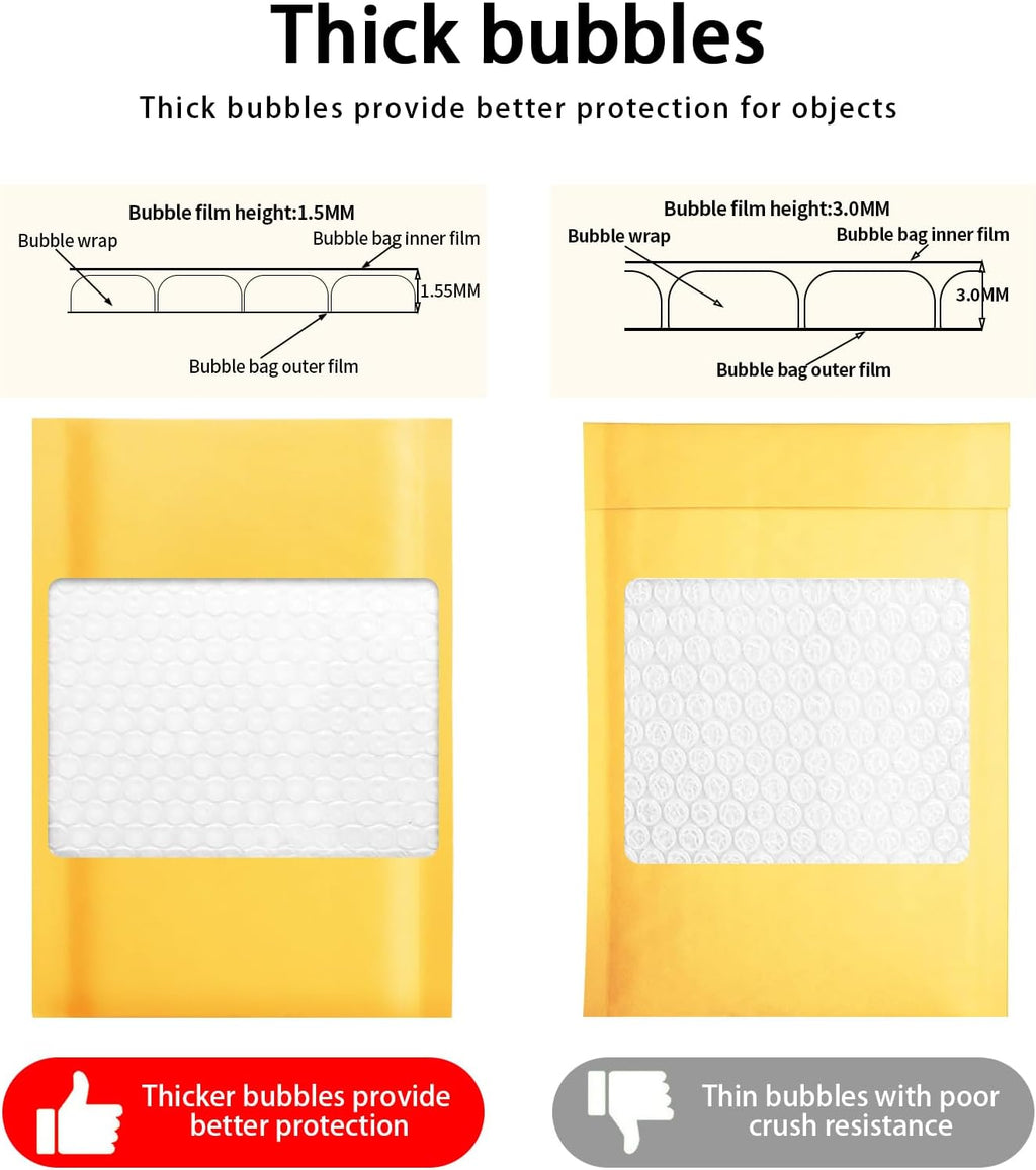 packbabol Kraft bubble mailers 3.5x5 Inch 100 Pack,Self-Sealing Paper Envelopes for Packaging,Strong Adhesion Envelope Mailers, Small Waterproof Cushioned Padded Shipping Bags Yellow #0000