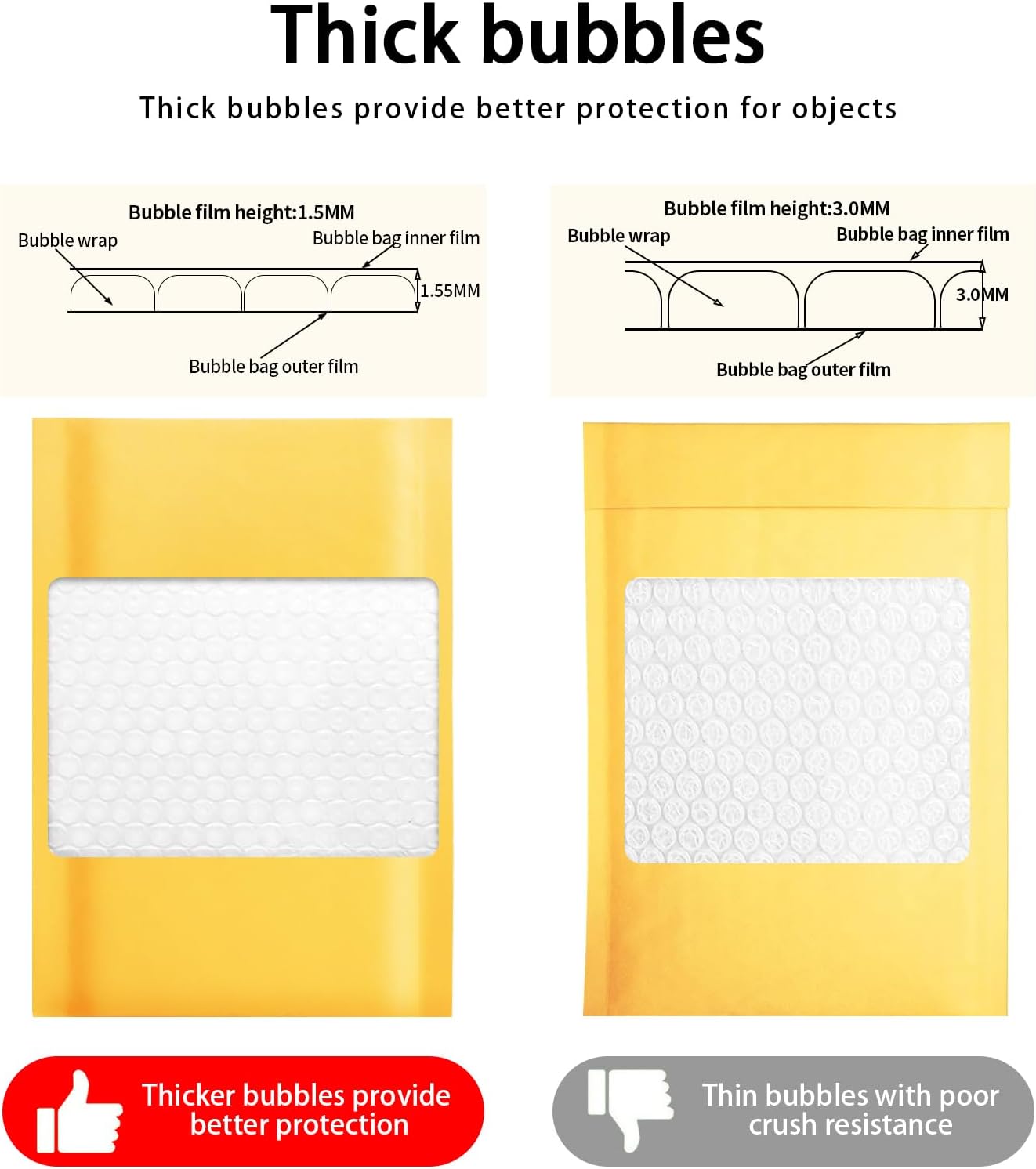 packbabol Kraft bubble mailers 3.5x5 Inch 50 Pack,Self-Sealing Paper Envelopes for Packaging,Strong Adhesion Envelope Mailers, Small Waterproof Cushioned Padded Shipping Bags Yellow #0000