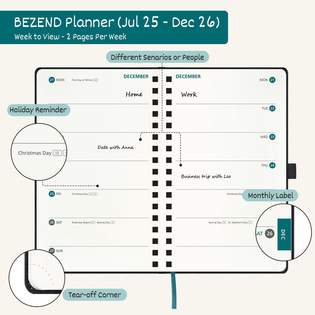 BEZEND Pocket Planner 2025-2026 Weekly with 2 Columns, 18-Month Academic Calendar (Jul 25-Dec 26), Life Work App., Storage Pocket, Pen Holder, PU Leather Softcover 3.5" x 6" Spiral - Black