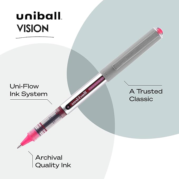 Uni-Ball 60384 uni-ball Vision Rollerball Pens, Fine Point (0.7mm), Pink, 12 Count