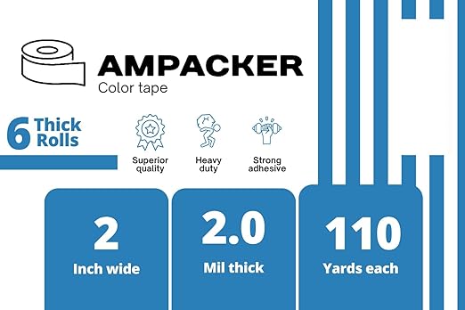 Heavy Duty Packaging Color Tape for Shipping,Packing and Moving 2" Wide x 2.0 Mil Thick -110 Yrd Roll -Acrylic Adhesive Tape for Box Sealing. (6 Rolls, Blue, 2" Wide x 110 yds)