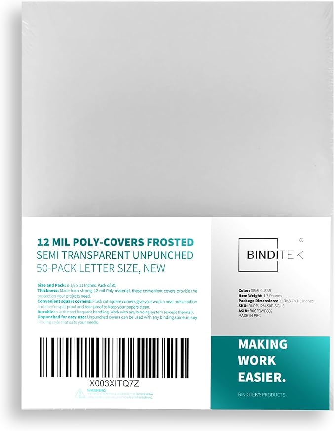 Binditek 50 Pack 12 Mil Frosted Polycover, Semi-Transparent Binding Presentation Covers, 8-1/2 x 11 Inches, Lightly Textured Sand Finish, Square Corners, Un-Punched Binding Front and Back Covers