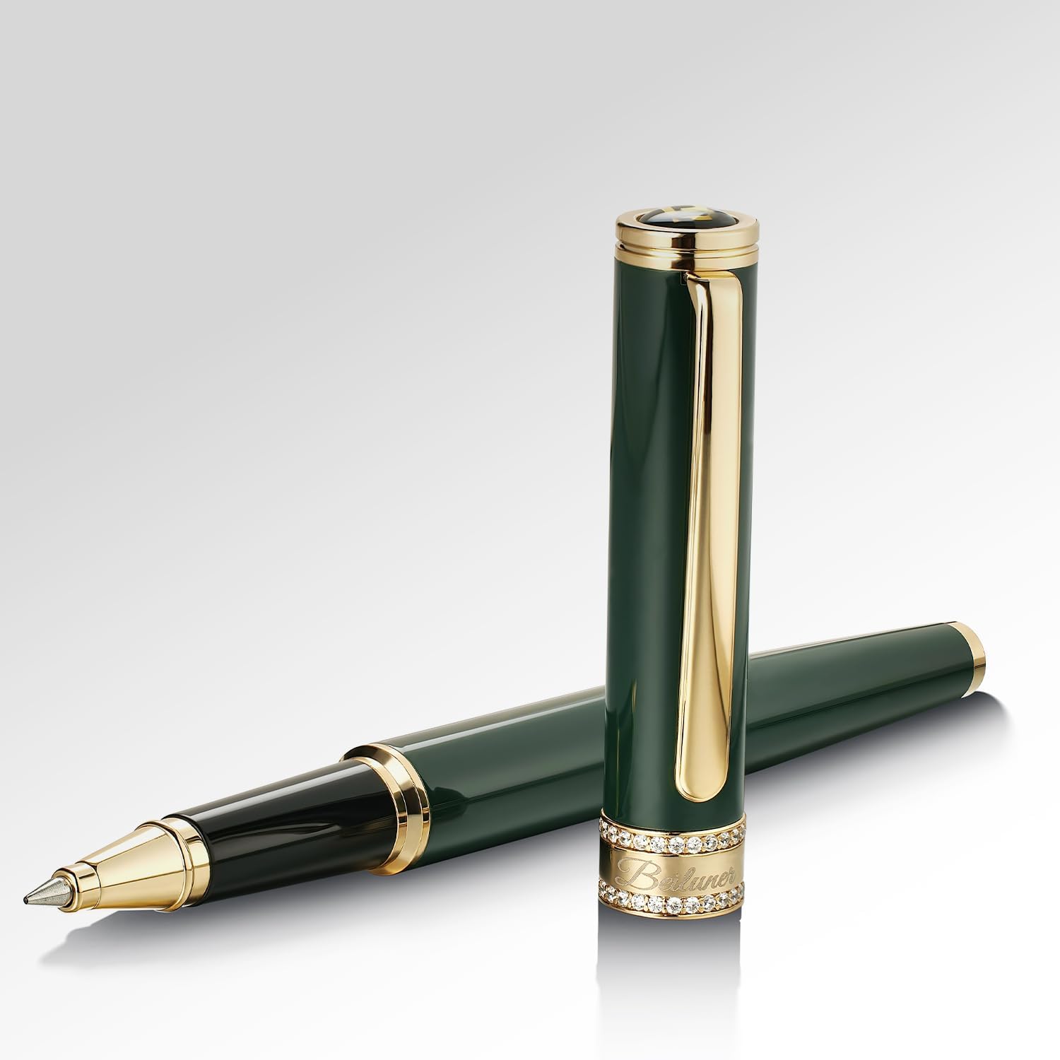 BEILUNER Green Lacquer Rollerball Pen, Diamond-Studded Cap Design, 24K Gold Trim, Noble and Elegant, Schneider Ink Refill, Best Pen Gift Set for Women & Men, Professional, Business Office, Nice Pens