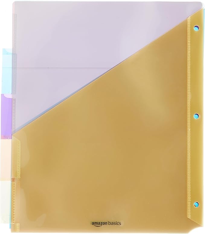 Amazon Basics Tab Dividers for 3 Ring Binder, Two Pocket, Letter Size, Assorted Colors, 5 Count