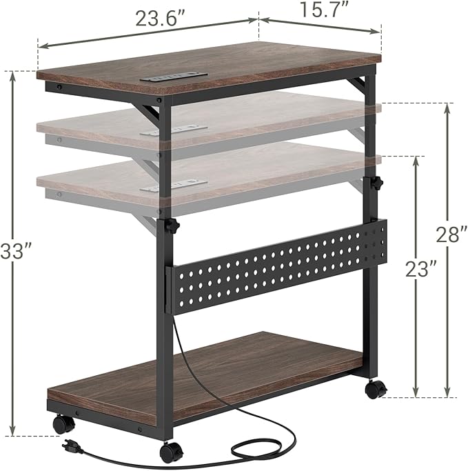 Computer Tower Stand with Power Strips, Height Adjustable PC Tower Stand/Cart with Wheels, Mobile Rolling CPU Holder, Computer Cart Side Stand for Computer Desk, 24", Black Walnut