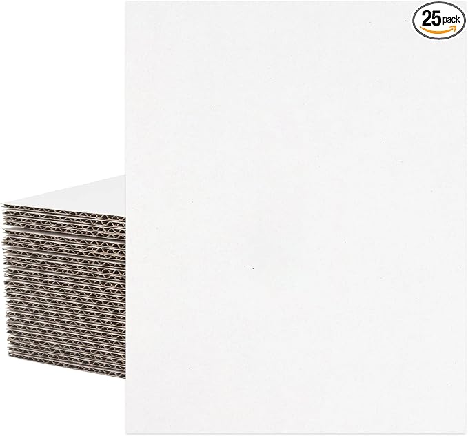 Mat Board Center, 25 pack 11x14 Corrugated Cardboard sheet, 1/8 inch thick, Flat Cardboard Inserts for Mailing, Packaging & Shipping, Cardboard Backing, Craft Card Board (White on one side)