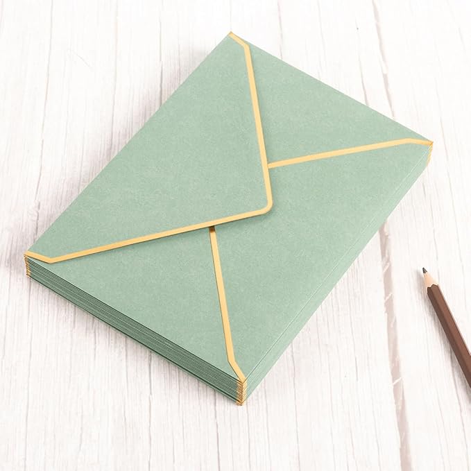 Homtable 50 Pack Sage Green A7 Envelopes 5 x 7 Self-Adhesive V Flap Envelopes with Gold Border for Office, Greeting Card, Wedding, Graduation, Baby Shower, Parties, Invitations (Sage Green, 5x7)