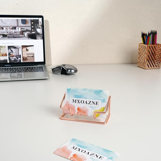 Rose Gold Business Card Holder for Desk, Metal Desk Business Card Holder Display Stand for Women, Fits 50 Business Cards, 1 Pack