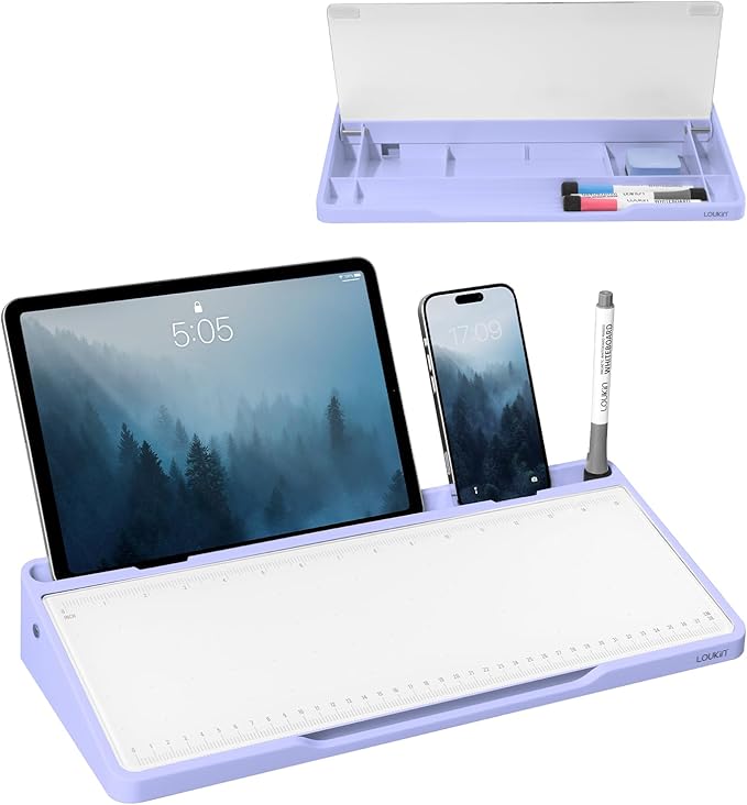 LOUKIN Glass Desktop Whiteboard, 15.3" x 5.6" Desktop Dry Erase Board with Dotted and Graduated Surface, Desktop Buddy, Great for Design and Drawing, 3 Markers and 1 Dry Erase Eraser Included (Purple)