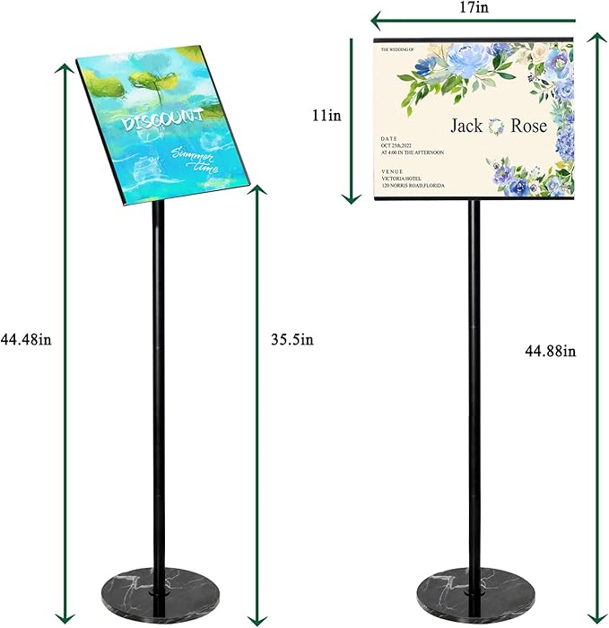 Adjustable Sign Holder 11 x 17, Floor Standing Sign Holder with Heavy Duty Marble Pedestal, Both Vertical & Horizontal View Sign Displayed Poster Stand for Store Business Show, 2 PACK（Round）
