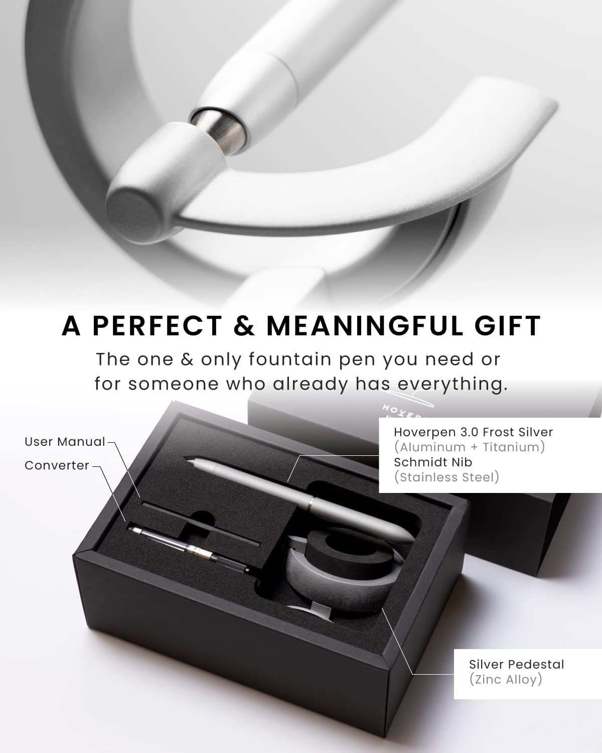 novium Hoverpen Future Edition - Luxury Metal Fountain Pen, Fine Nib, Aerospace Metal, Futuristic Desk Pen, Free Spinning Executive, Signing Pen (Frost Silver)