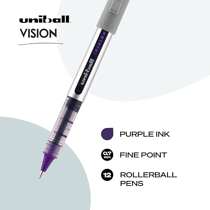 Vision Rollerball Pens, Violet Pens Pack of 12, Fine Point Pens with 0.7mm Medium Black Ink, Ink Black Pen, Pens Fine Point Smooth Writing Pens, Bulk Pens, and Office Supplies, Similar to Gel Pens