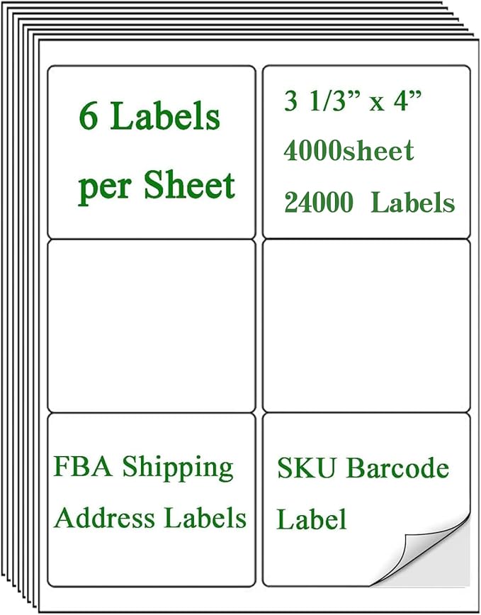 6 Up Shipping Address Labels, 3.33" X 4" (8164/5164) Address SKU Barcode Label for Inkjet/Laser Printer (4000 Sheet -24000 Labels)