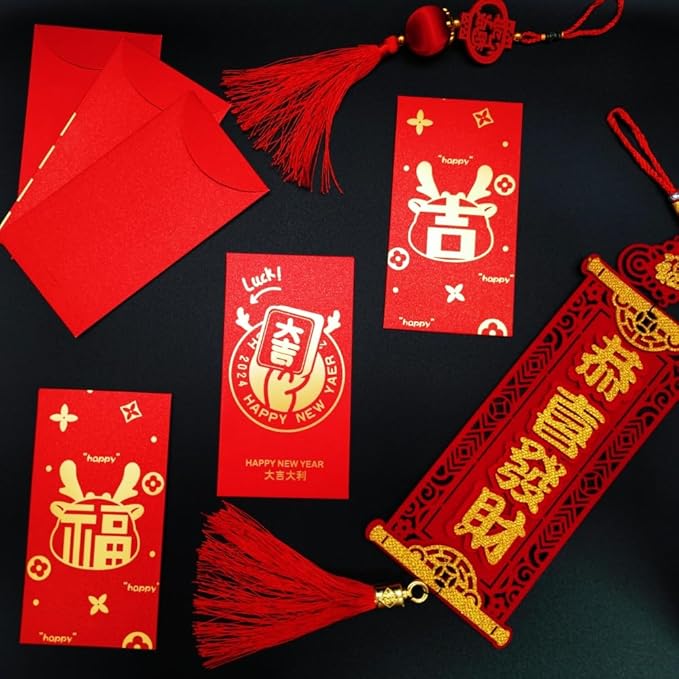 Red Envelopes Chinese 12 PCS,Lucky Money Envelopes,Gold Foil New Year Wishes Envelopes Red Pocket Hong Bao 6 Designs For 2024 The Dragon Lunar Year Spring Festival Birthday Wedding Party Cash Gifts