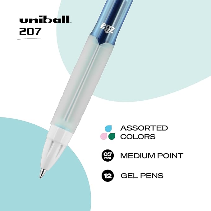 Uni-Ball Signo 207 Colors Gel Pens 12 Pack, Assorted 0.7mm Medium Gel Ink Pens For Smooth Writing
