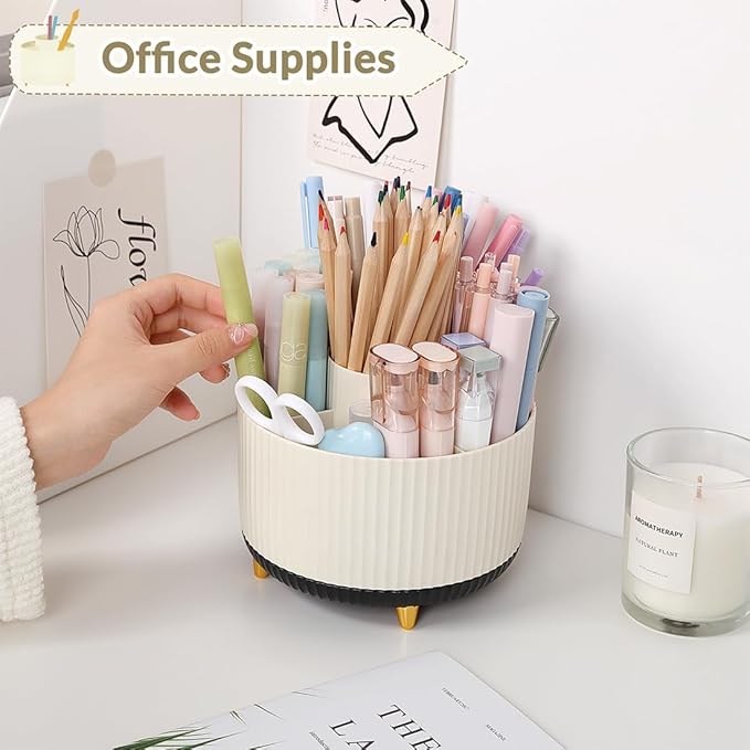 SKYDUE 360 Degree Rotating Desk Organizer, Dual-Purpose Pencil Pen Holder for Desk, Rotating Desk Pen Organizer with 5 Slots, Pencil Cup for Office, School, Home (Beige-Black)