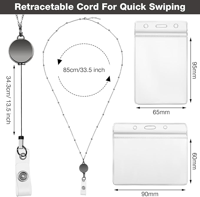 Outus 2 Pieces Badge Lanyard with ID Holders Stainless Steel Badge Holders Necklace Retractable Reel Clip Chain Water Resistant Name(Gray)