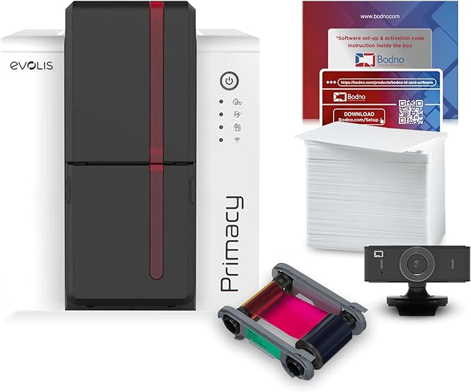 Bodno Evolis Primacy 2 Single Sided ID Card Printer & Complete Supplies Package Gold Edition ID Software